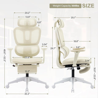 Ergonomic Office Chair with Footrest, High-back Computer Chair with Dynamic Lumbar Support, 2D Headrest & 4D Armrests, Sponge Cushion & Mesh Back, Home Office Chair for Adults, Cream.