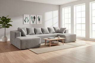 130" Boneless Cloud Couch Sectional – U-Shaped Modular Corduroy Sofa with Chaise, Oversized 4-Seater Living Room Couch, No Assembly Required, Heavy Duty Grey Modular Sectional Sofa