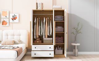 
3-Doors Wooden Rattan Wardrobe Storage for Bedroom,with 2 Drawers,White+Nature
