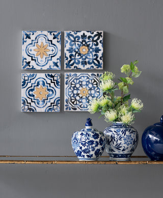 S/4 Abstract Blue, White, and Gold Wall Decor Accents, 9.5x9.5'