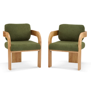 2-Pack Dining Chairs with Pillow Back – Green Boucle Fabric & Natural Solid Wood Frame, Comfortable Modern Seating