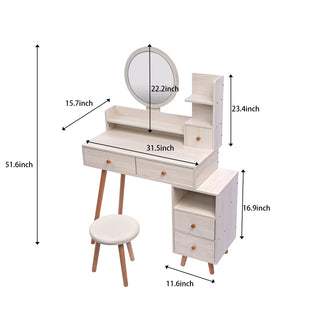 CRAZY ELF Stylish Vanity Table with Cushioned Stool - Touch Control LED Mirror, 5 Drawers, Adjustable Length (L31.5"-43.2" x W15.8" x H48.1") - Large Capacity Storage Makeup Furniture