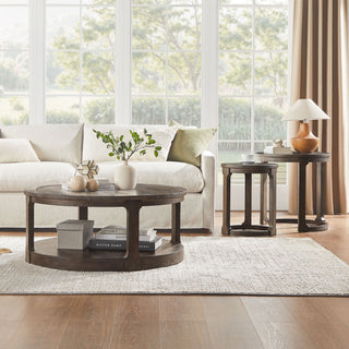 2-Piece Curved Round Wooden Coffee Table Set - 24" Mid-Century Dark Brown Nesting Tables