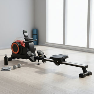 Soozier Water Rowing Machine, Foldable Rower Machine with Adjustable Resistance, Wheels, LCD Monitor and Tablet Holder for Home Cardio Training, Red