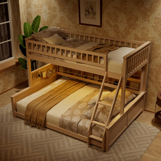 Twin XL Over Queen Bunk Bed with Integrated Shelving, Color-Changing LED Lights and Pegboard – Beige Modern Space-Saving Bed