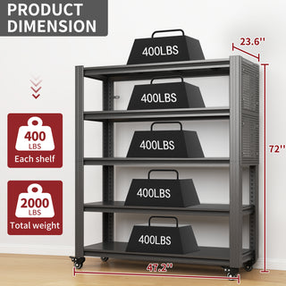 Heavy Duty 5-Tier Metal Shelving Unit with Pegboard & Wheels, Adjustable Storage Rack for Garage, Kitchen & Office – Black 47.2"W x 23.6"D x 72"H