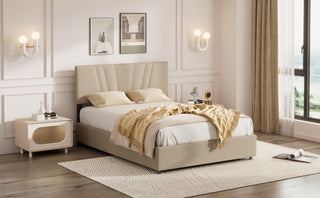Queen Upholstered Platform Bed with Lifting Storage – Tufted Headboard, Wooden Frame, No Box Spring Needed, Queen Size Bed for Kids, Teens, Adults (Beige)