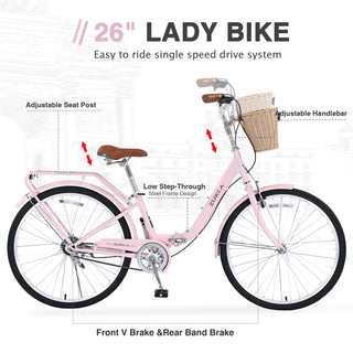 26" Folding Lady Bike – Single Speed, Durable Steel Frame, Compact Design for Easy Storage & City Commuting