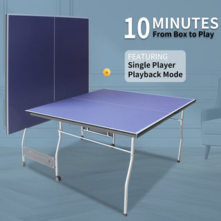 8ft Mid-Size Table Tennis Table Foldable & Portable Ping Pong Table Set for Indoor Games with Net, 2 Table Tennis Paddles and 3 Balls