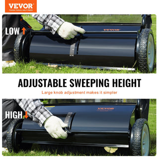 Push Lawn Sweeper, 26 Inch Leaf & Grass Collector, Strong Rubber Wheels & Heavy Duty Thickened Steel Durable to Use with Large Capacity 7 ft³ Mesh Collection Bag, 4 Spinning Brushes