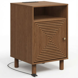 Set of 2, 15.7' Wide Brown Nightstand with Charging Station & Storage, Solid Wood Legs
