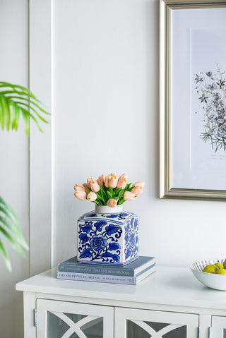 Hand painted blue and white ceramic square canister, view 8