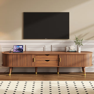 Wooden Oval Fluted TV Stand with Charging Station - 83.5" Walnut Mid-Century Media Consol