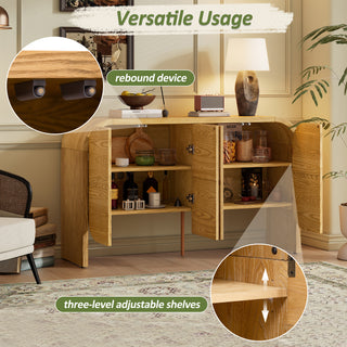 TREXM Buffet Cabinet with Storage, Wood Sideboard with Curvy Edge, 4 Doors Retro Credenza with Adjustable Shelves for Living Room, Kitchen – Natural