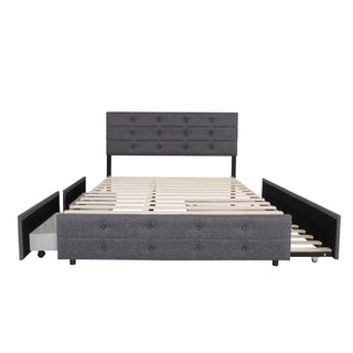 Queen Size Upholstered Linen Fabric Trundle bed with drawers Grey