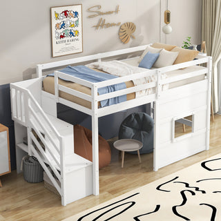Twin Size Loft Bed with Storage Staircase and Window, With LED Light, White