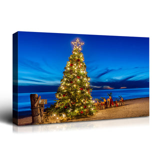 Framed Canvas Wall Art Decor Painting For Chrismas, Chrismas Tree on Seaside Chrismas Gift Painting For Chrismas Gift, Decoration For Chrismas Eve Office Living Room, Bedroom 1812in-thickness 1.5inch