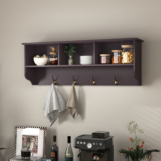 Espresso Entryway Wall Mounted Coat Rack with 4 Dual Hooks Living Room Wooden Storage Shelf