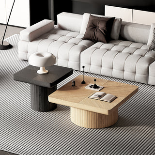 Modern Wood Nesting Coffee Table Set, 2-Piece Coffee Table with Cylindrical & Fluted Pedestal, Minimalist Center Table & Side Table, Versatile Nesting Tables for Living Room, Natural Wood & Black