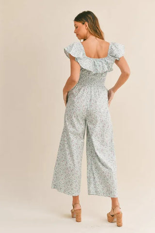 MABLE Floral Print Ruffled Cap Sleeve Jumpsuit