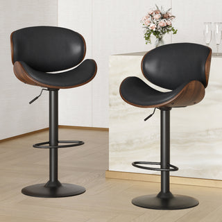 A&A Pro-Sit Series: Set of 2 Bentwood Kinetic Swivel Bar Stools – High-Torque Pneumatic Height Adjustment, Precision-Contoured PU-Leather Interface, Reinforced Alloy Pedestal & Ergonomic Footrest Module (Obsidian Black & Walnut)