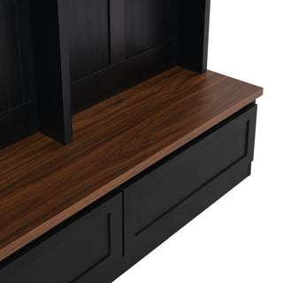 ON-TREND Farmhouse  4-in-1 Hall Tree with Wood Grain Bench, Mudroom Versatile Coat Rack with 2 Large Drawers, Large Entrance Organizer with 6 Black Hooks for Hallway, Living Room, Black, 55.9"Wx75.6"H
