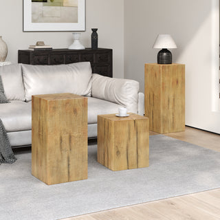 Retro Natural Style Side Table Set – Stackable Square-Column MGO End Tables, Natural Color for Living Room, Bedroom, or Office