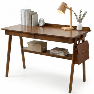 Solid Wood Writing Desk, Home Office Desk for Small Spaces, Mid Century Modern Desks with 2 Drawers & Storage Shelf, Standing Desk with Side Hooks for Study, Bedroom, Office (Walnut)