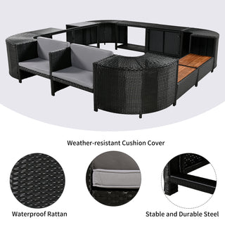Spa Surround Spa Frame Quadrilateral Outdoor Rattan Sectional Sofa Set with Mini Sofa, Wooden Seats and Storage Spaces, Grey