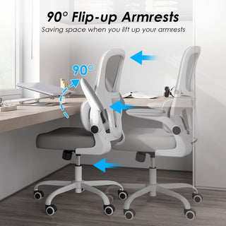 Office Chair, Mesh Ergonomic Office Chair with Lumbar Support, Comfy Computer Desk Chair with Flip Armrest Rolling Wheels for Home Study Room Office, White & Gray