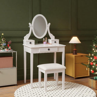 Moniys Wood Moniya Makeup Vanity Table and Stool Set in White - Contemporary 3-Drawer Dressing Table with Adjustable Mirror