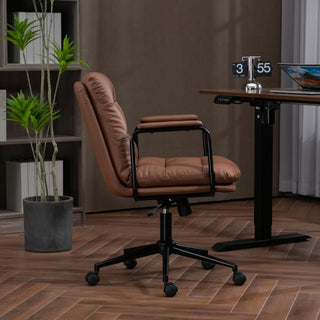Mid Back Office Chair - Ergonomic PU Leather Desk Task Chair with Wheels, Armrests, and 40° Reclining Back (Brown)