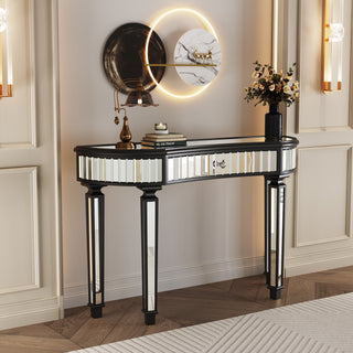 47" Half-Moon Mirrored Console Table with Fluted Glass & Crystal Knob Drawer, Silver Entryway Vanity Desk for Bedroom or Dressing Room (Black+Silver)