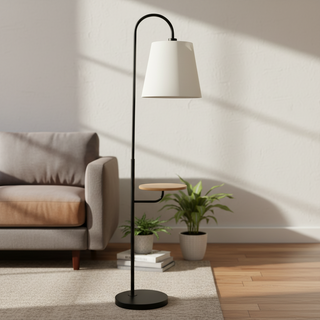 Seoul Black Floor Lamp | Rotary Switch, Wood Table, & Metal Base