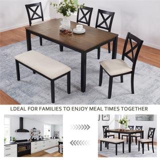 6-Piece Dining Table Set with Bench – Classic Two-Tone Black &amp; Oak Wooden Dining Set for 6, Timeless Farmhouse 6-Person Kitchen Table Set with 4 Chairs and Bench, Heavy Duty Dining Room Furniture