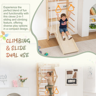 6-in-1 Swedish Ladder Wall Gym, Indoor Kids Playground with Swing, Rope Ladder, Pull-Up Bar, Slide, Gymnastic Rings, Wooden Wall Mounted Indoor Play Set for Kids & Adults