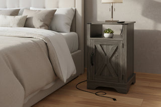 Farmhouse Dark Gray Nightstand with Charging Station - Rustic Wooden Side Table with Outlets