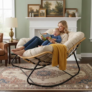 Outdoor Rocking Chair – Beige Patio Egg Rocking Chair, Indoor Papasan Rattan Wicker Lounge Chair, Modern Royal Chair for Bedroom, Living Room, Porch, Garden & Lawn