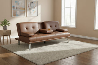 Brown Faux Leather Adjustable Sofa with Fold-Down Table | Tufted Living Room Couch