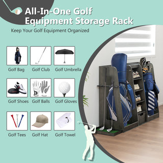 55.5"x16"x37" Wooden Golf Bag Organizer – 2-Bag Rack with Drawers, Side Club Holders & Easy Assembly, Gray