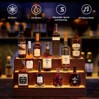 24" Walnut LED Liquor Bottle Display Shelf (3 Step) | App & Remote Control Illuminated Bar Stand