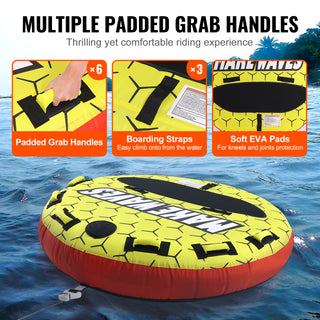 Towable Tube for Boating, 1-3 Riders Inflatable Boat Tubes and Towables, 510 lbs, 63' Round Water Sport Towable Tubes for Boats to Pull, Full Nylon Cover, EVA Grab Handles and Speed Safety Valve