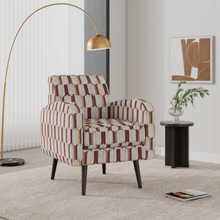 Darien Accent Arm Chair in Tan, Cream and Red Stripe Pattern with Dark Brown Solid Wood Legs
