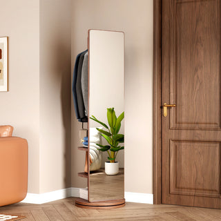 360° Rotating Full Length Mirror with Coat Rack, Solid Wood, Walnut