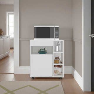 Kaito Microwave Cart and Cabinet, Freestanding Compact Sideboard with One Door Cabinet, Appliance Surface, 3 Side Open Shelves and One Open Upper Shelf, White