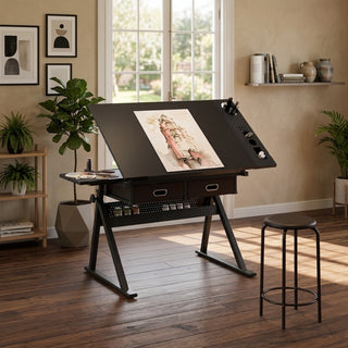 adjustable drawing drafting table desk with 2 drawers for home office and school with stool(black)