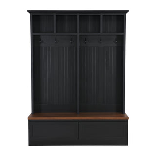 ON-TREND Farmhouse  4-in-1 Hall Tree with Wood Grain Bench, Mudroom Versatile Coat Rack with 2 Large Drawers, Large Entrance Organizer with 6 Black Hooks for Hallway, Living Room, Black, 55.9"Wx75.6"H