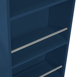 K&K Rolling Kitchen Island With Extended Table, Kitchen Island on Wheels with LED Lights,Power Outlets and 2 Fluted Glass Doors, Kitchen Island with a Storage Compartment and Side 3 Open Shelves, Navy