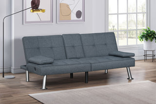 Modern Gray Fabric Upholstered Convertible Futon Sofa Bed with USB Ports & Drop-Down Cupholders Living Room Furniture