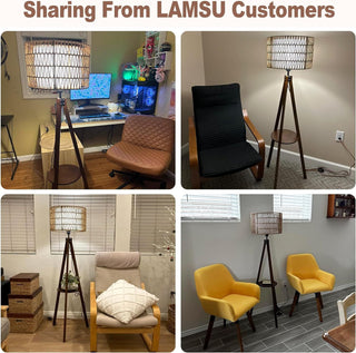 Boho Tripod Floor Lamp with Shelves, Rattan and Fabric Shades